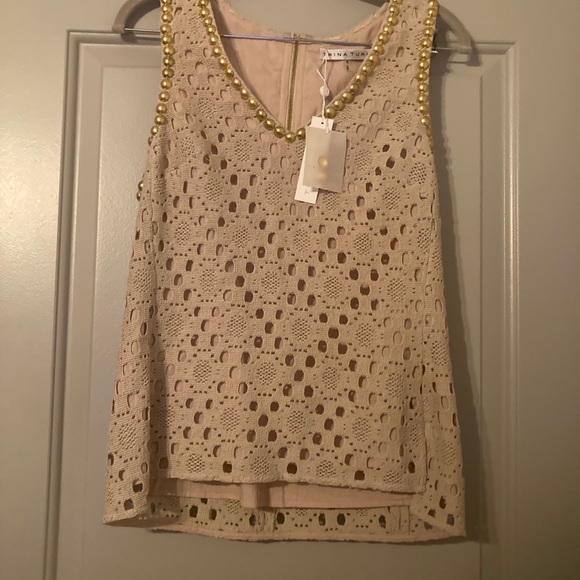 Trina Turk| Two Harbors Top  Beige | Contrast metallic beading at neckline  Sz S - Picture 2 of 9